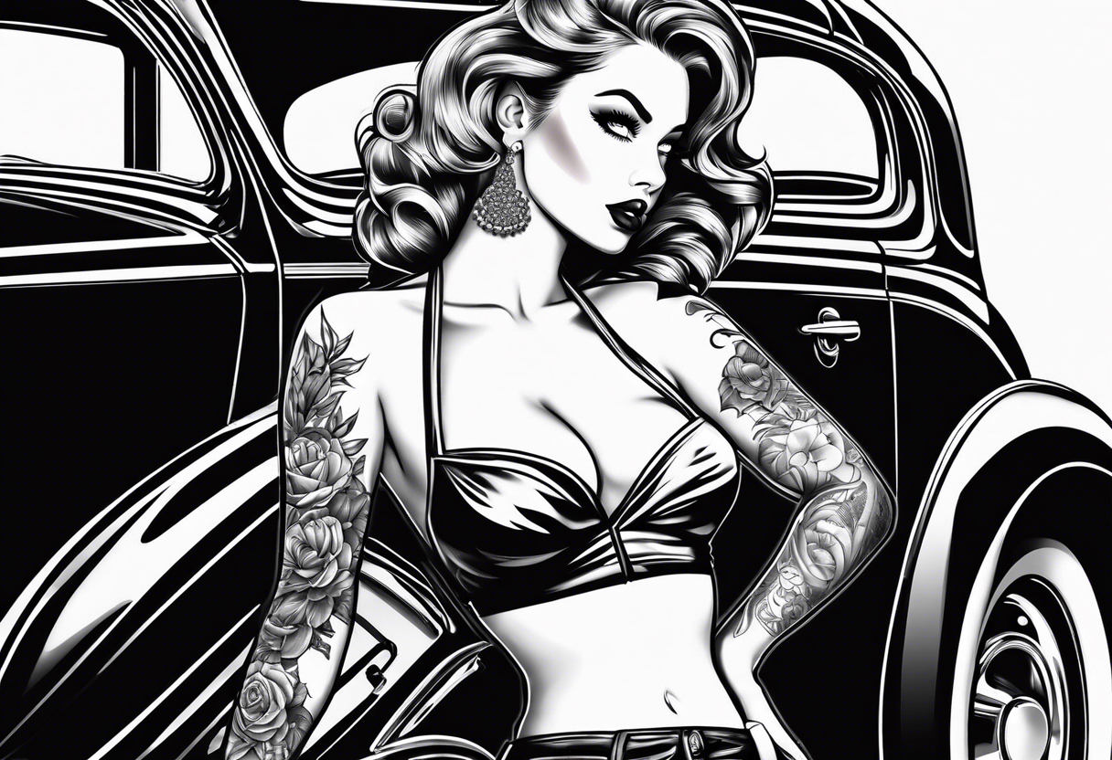 Pinup girl standing by a car tattoo idea