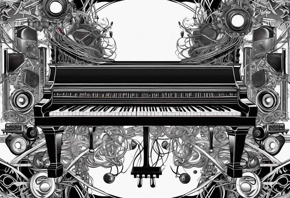 Piano, drums, guitar, speakers, headphones, cassette tapes, woven and interconnected by lines and cables. tattoo idea