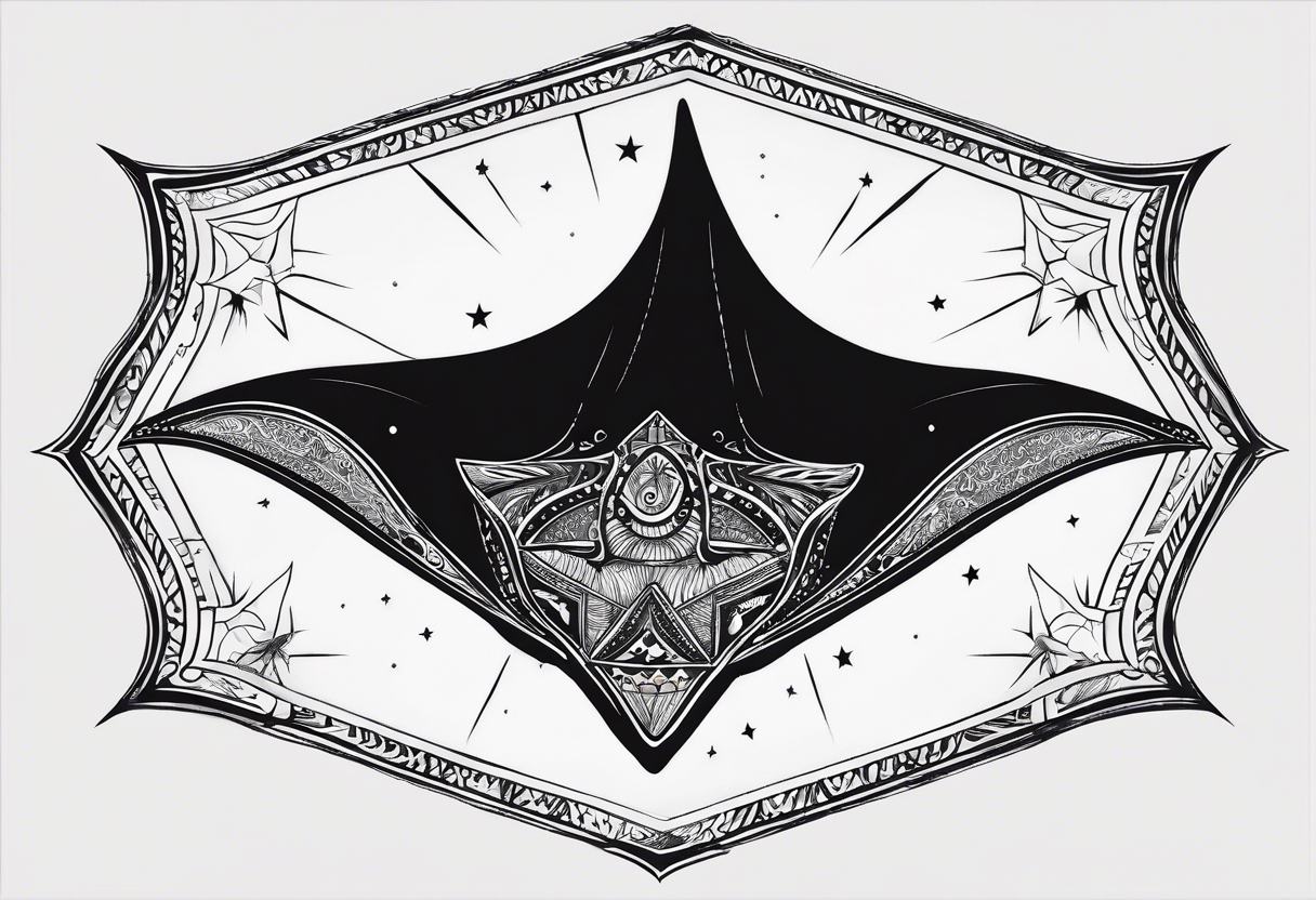 Simple manta ray with a nautical star inside and an octagon around tattoo idea