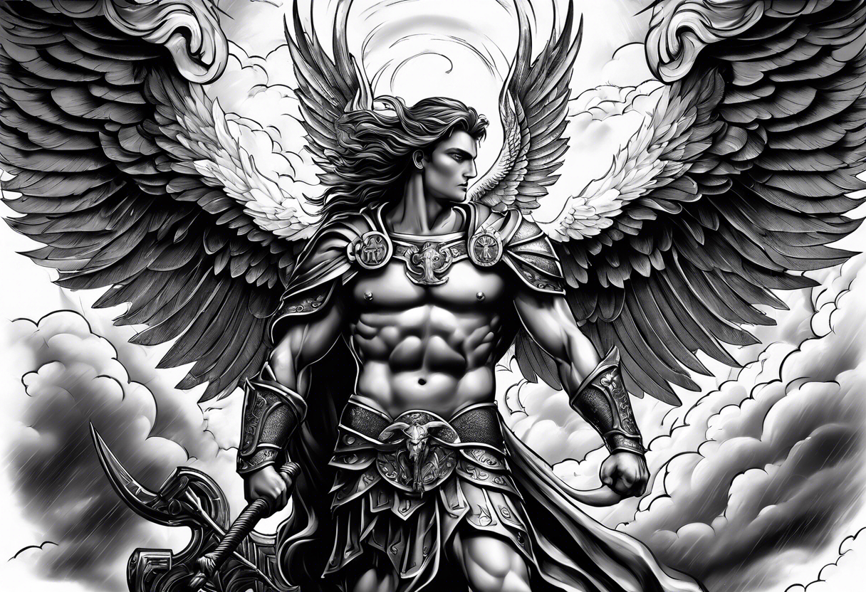 Saint Michael standing on the devil with stormy rain clouds lightning full sleeve tattoo idea