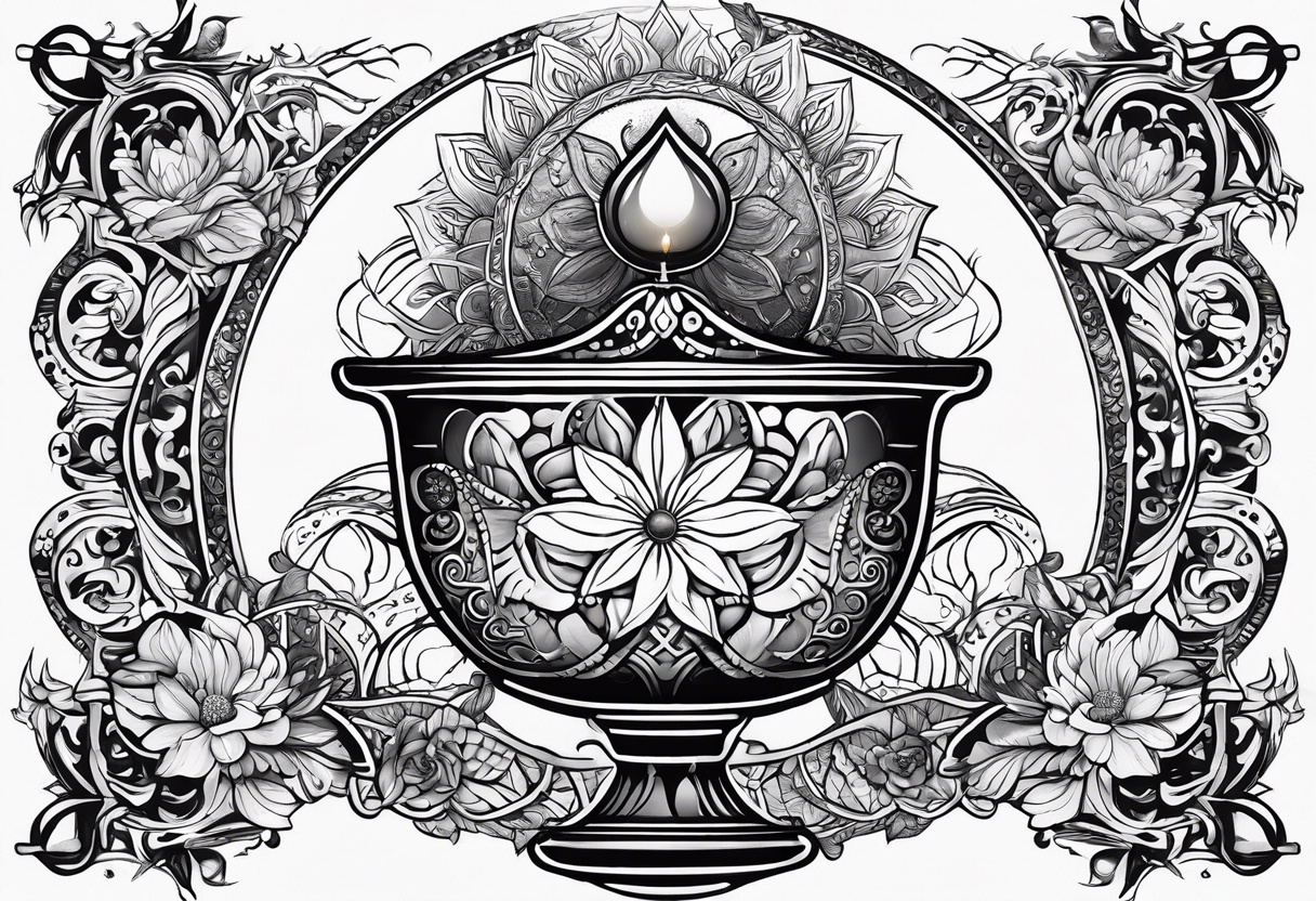 Illustrate a sacred chalice filled with symbolic water from different religious traditions, representing the shared essence of purity and spiritual nourishment. tattoo idea