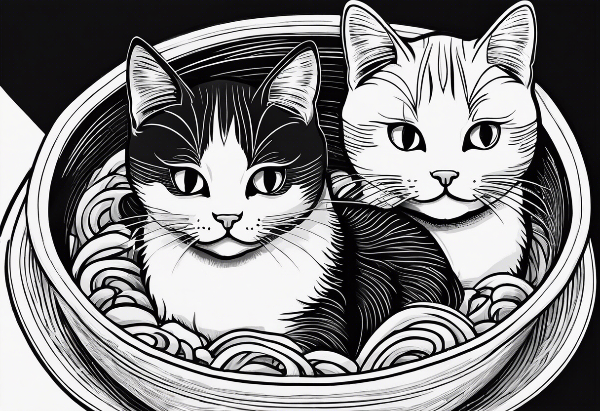 Two tabby cats peaking over the edge of a noodle bowl with noodles pouring out the side tattoo idea