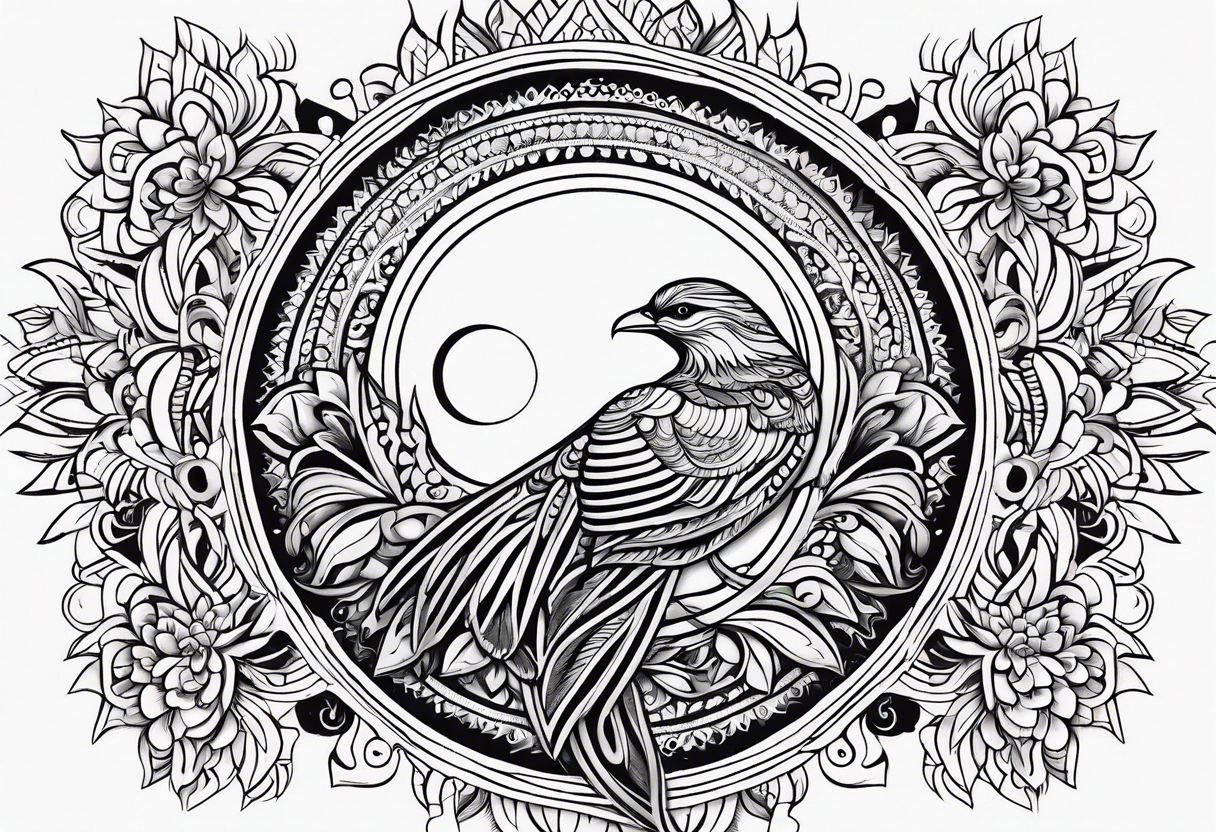 Tribal bohemian feminine impowering Phoenix rising with smoke, fire, mandala sun, floral, lace background, solar eclipse tattoo idea