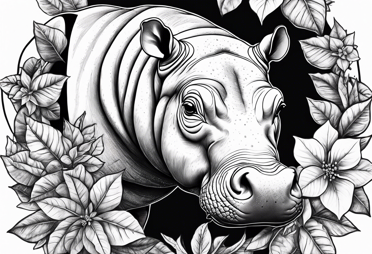 Baby hippo with poinsettia tattoo idea