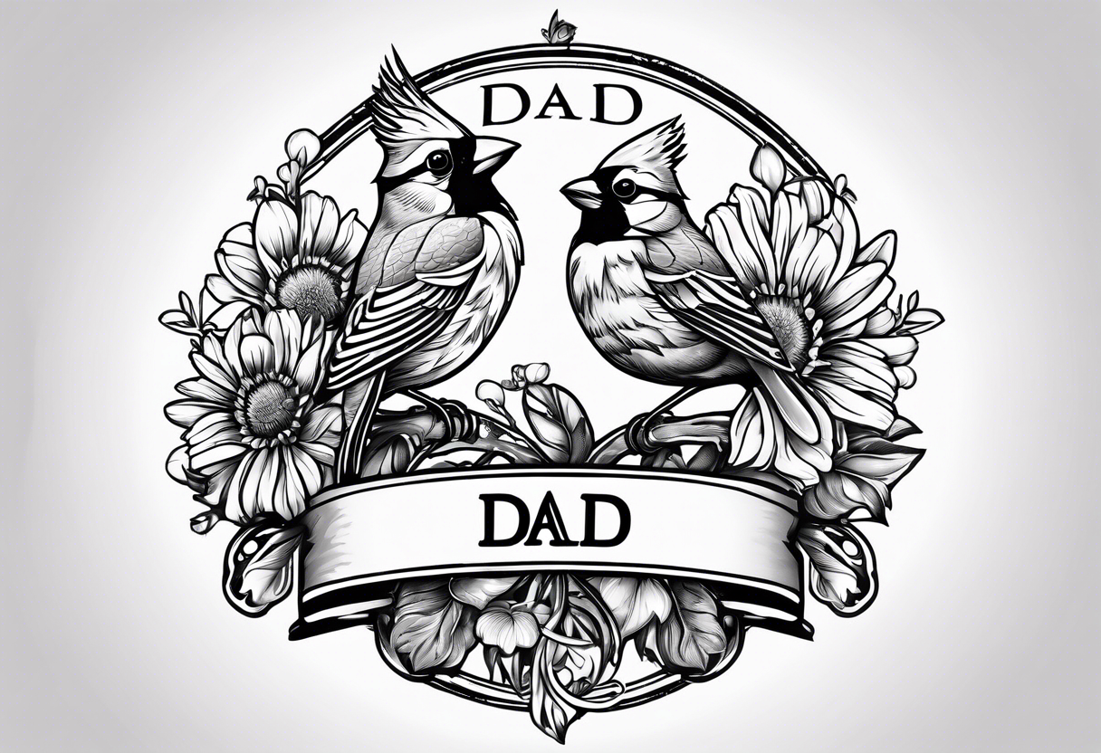 Aster flowers and sea rocket flowers with a cardinal around the words Dad tattoo idea