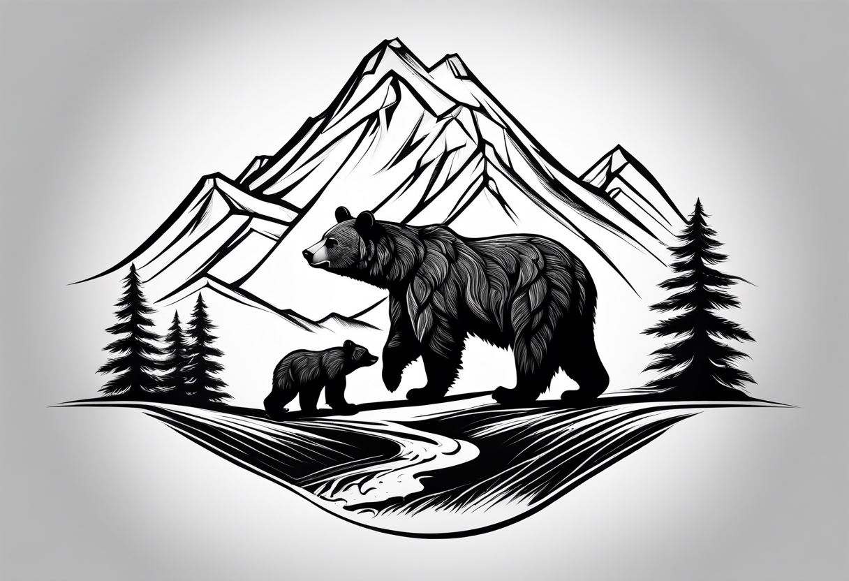 mamma bear and cub with mountains tattoo idea