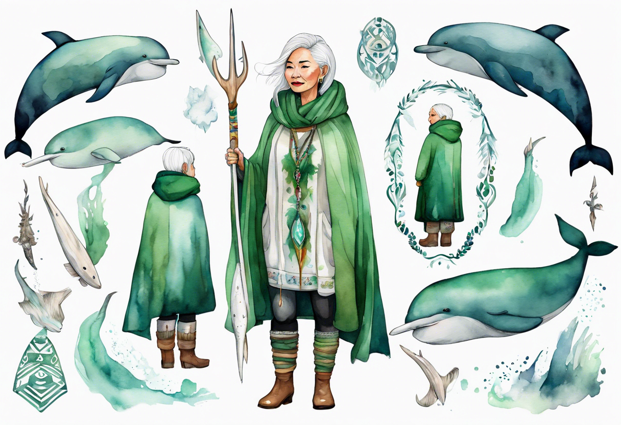 a 45-year-old Inuit woman with white  hair wearing a white and green cloak with a large narwhal tattoo idea