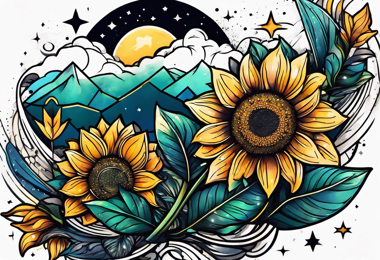 elegant tattoo with a small sunflower surrounded by cosmic stars and arrow tattoo idea