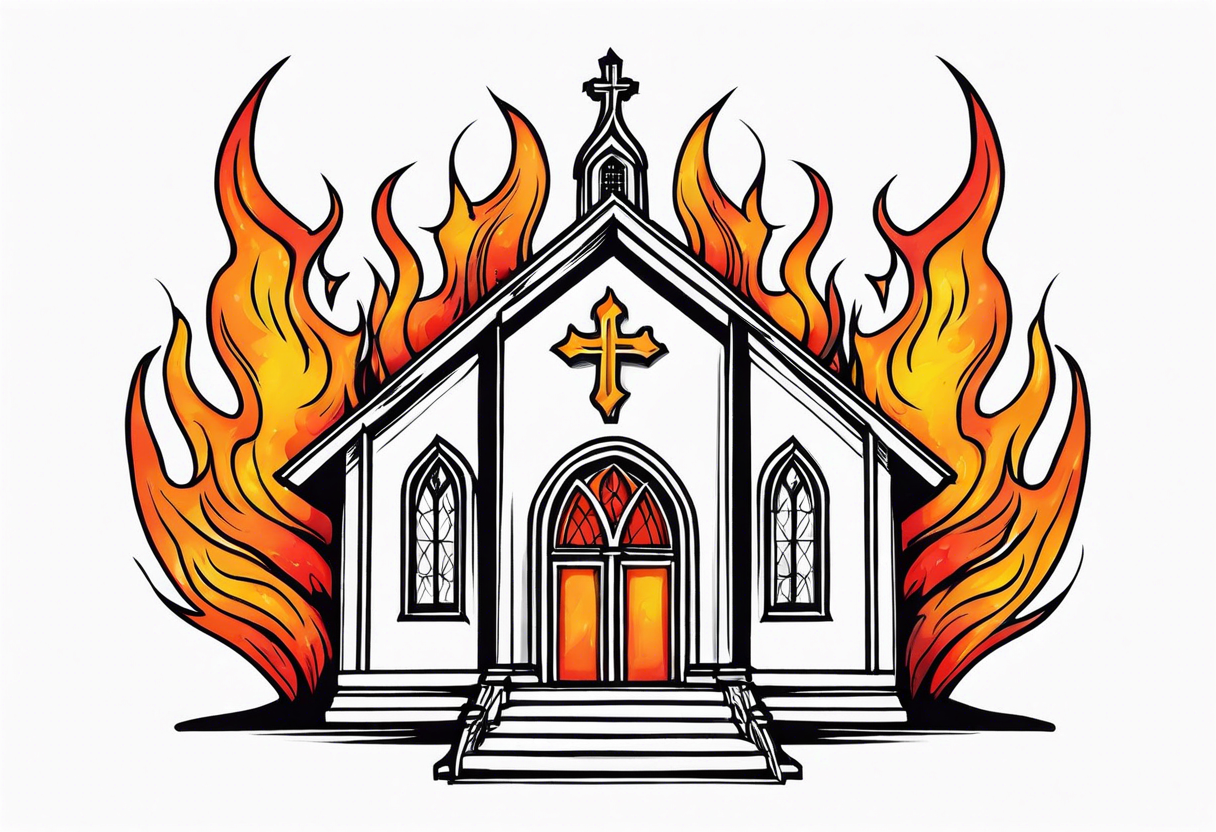 church with flames tattoo idea