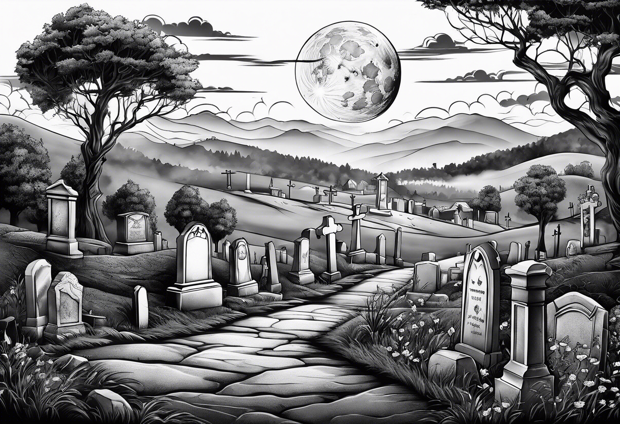 Cemetery on hills with smoke and moon tattoo idea