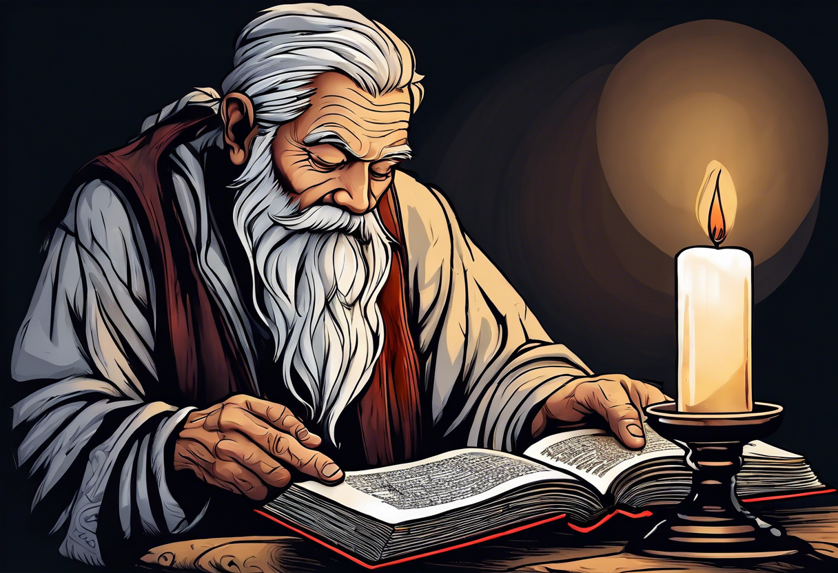 old man beggar reading a holy bible by candle light tattoo idea