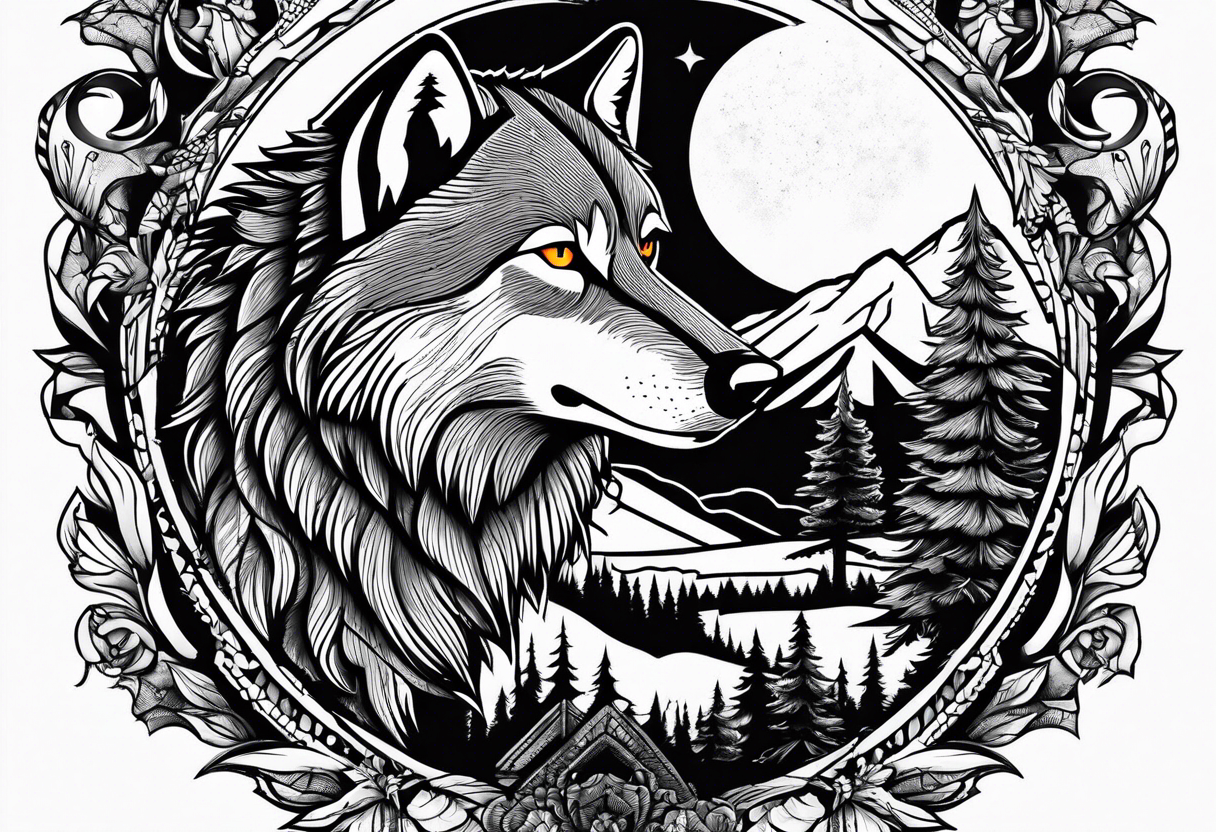 Wolf wearing sunglasses
Mountain peaks
Dark forest
Sunset
Moon tattoo idea