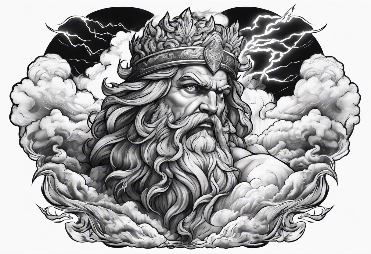 Zeus with a lightning bolt on clouds and Hades in hell below tattoo idea