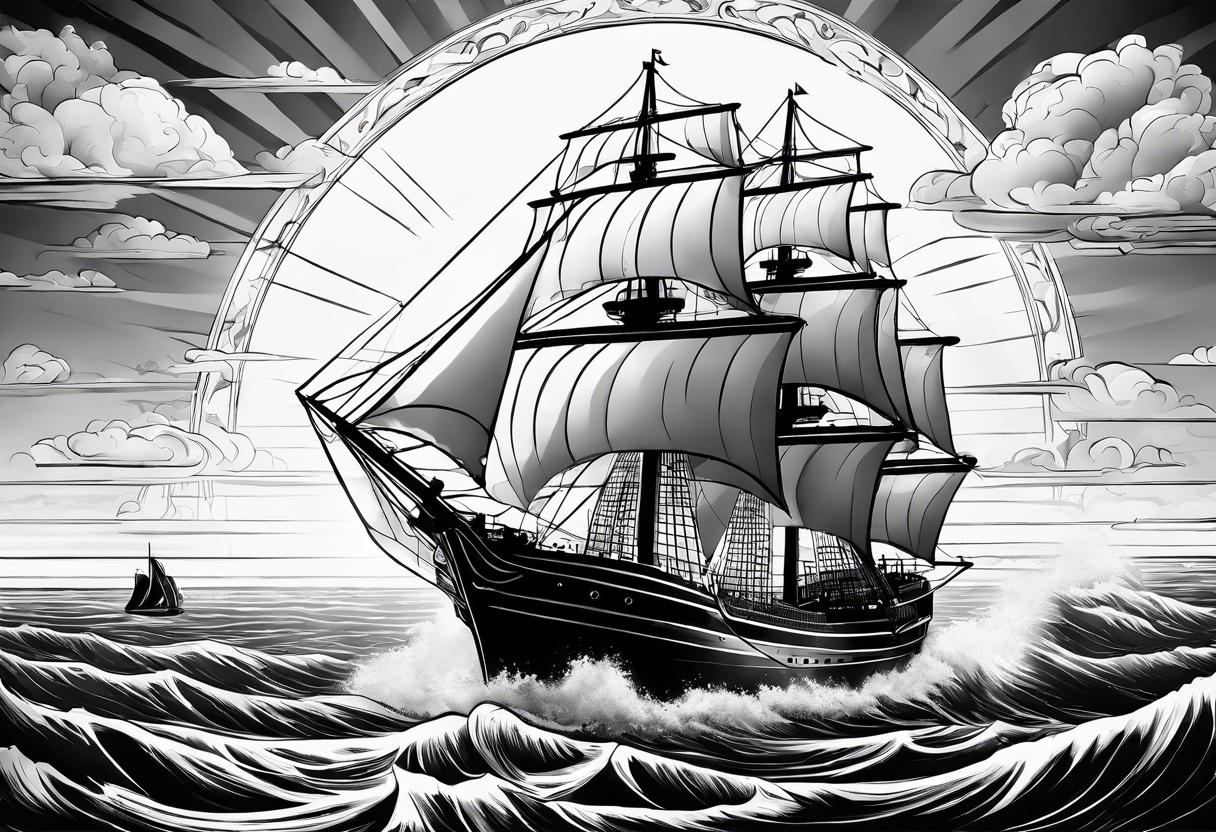 huge ship hitting in the sea with sun on the sky tattoo idea