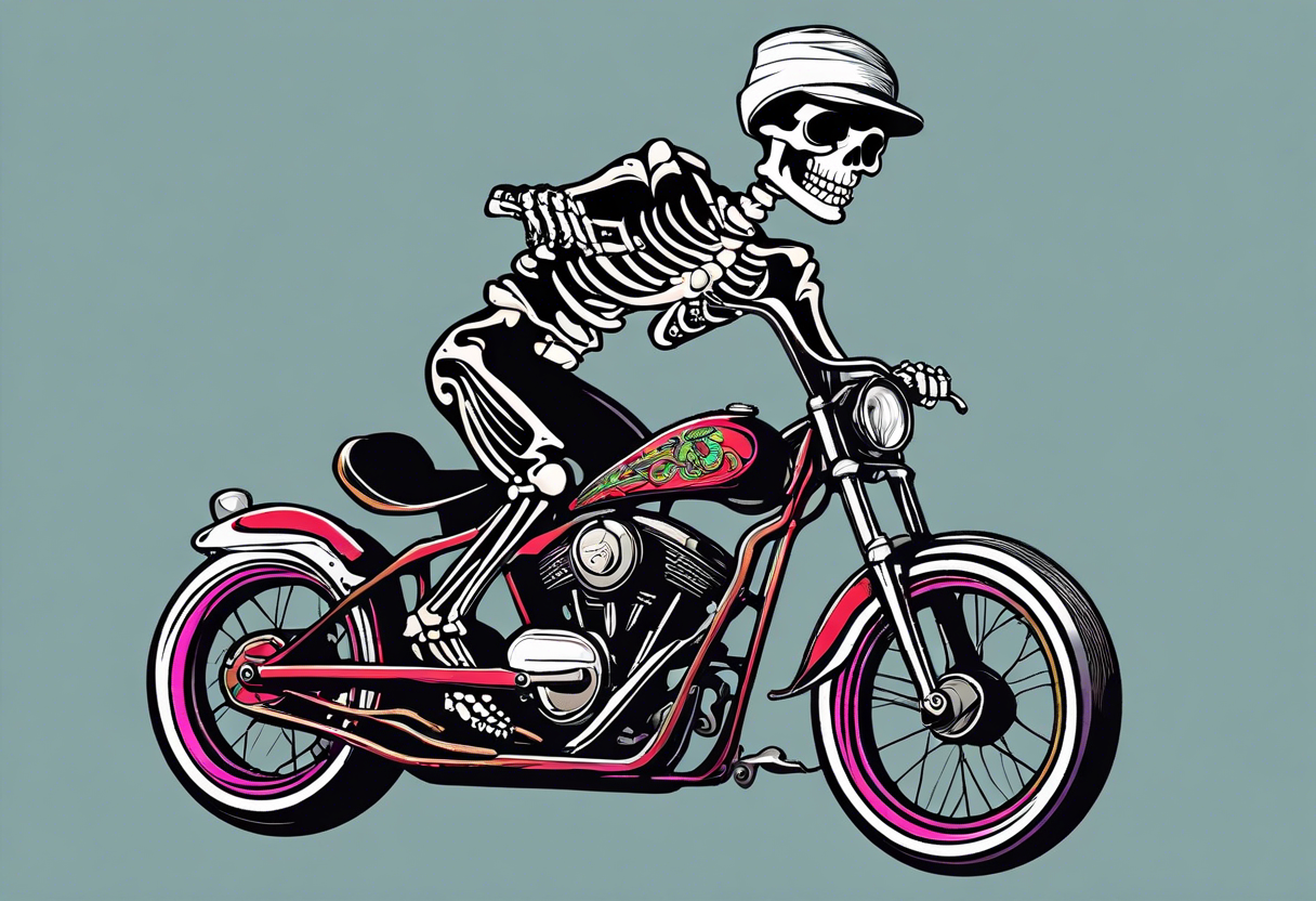 skeleton wearing 80s style licra and cap rides a road racing bicycle. The skeleton is grinning at the viewer. There is no background image tattoo idea