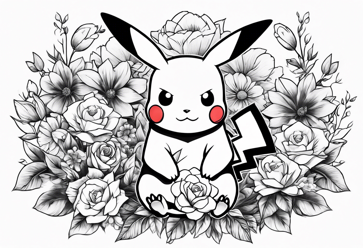 Pikachu Holding bouquet of flowers in front of him tattoo idea