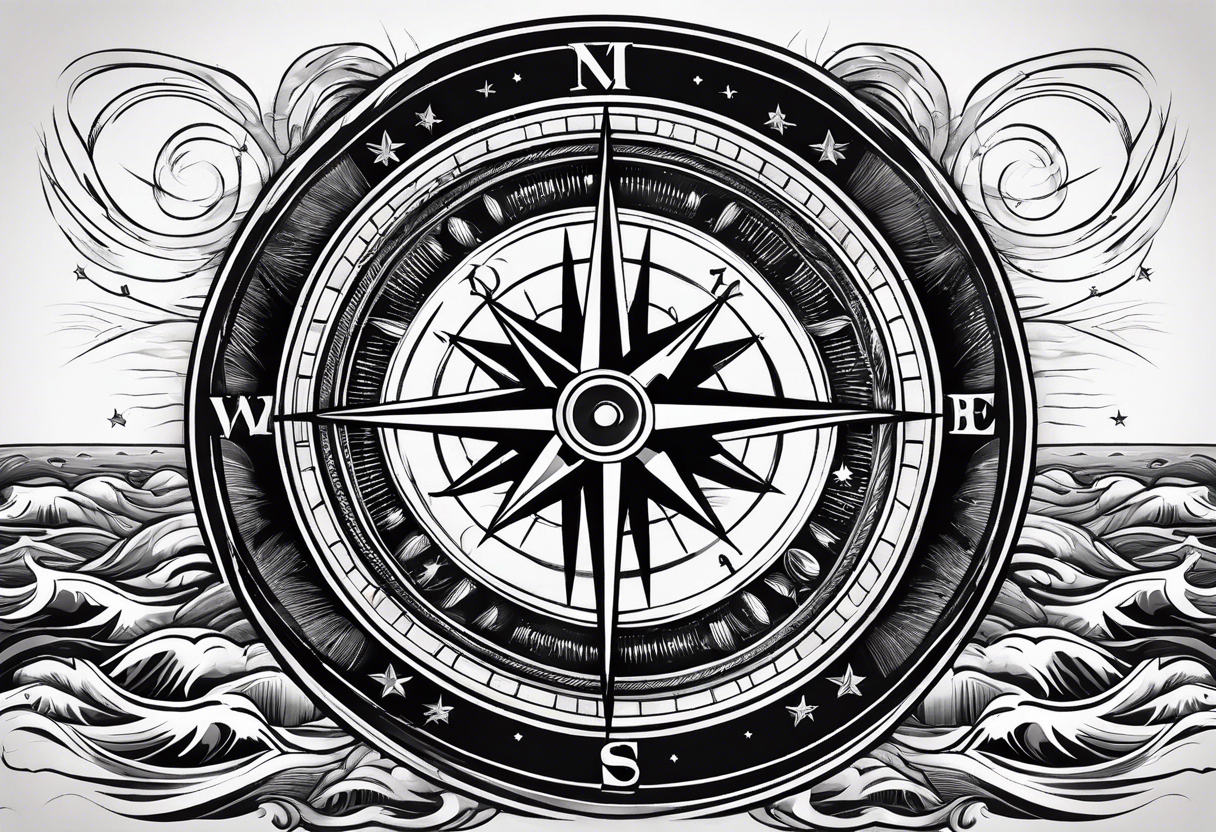 compass surrounded by stars and 
 ocean waves tattoo idea