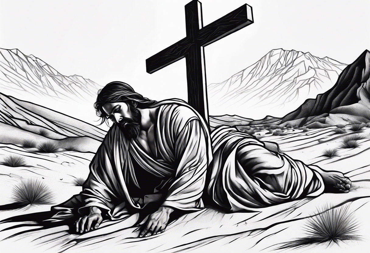 man crawling in a desert reaching to the cross of Christ tattoo idea