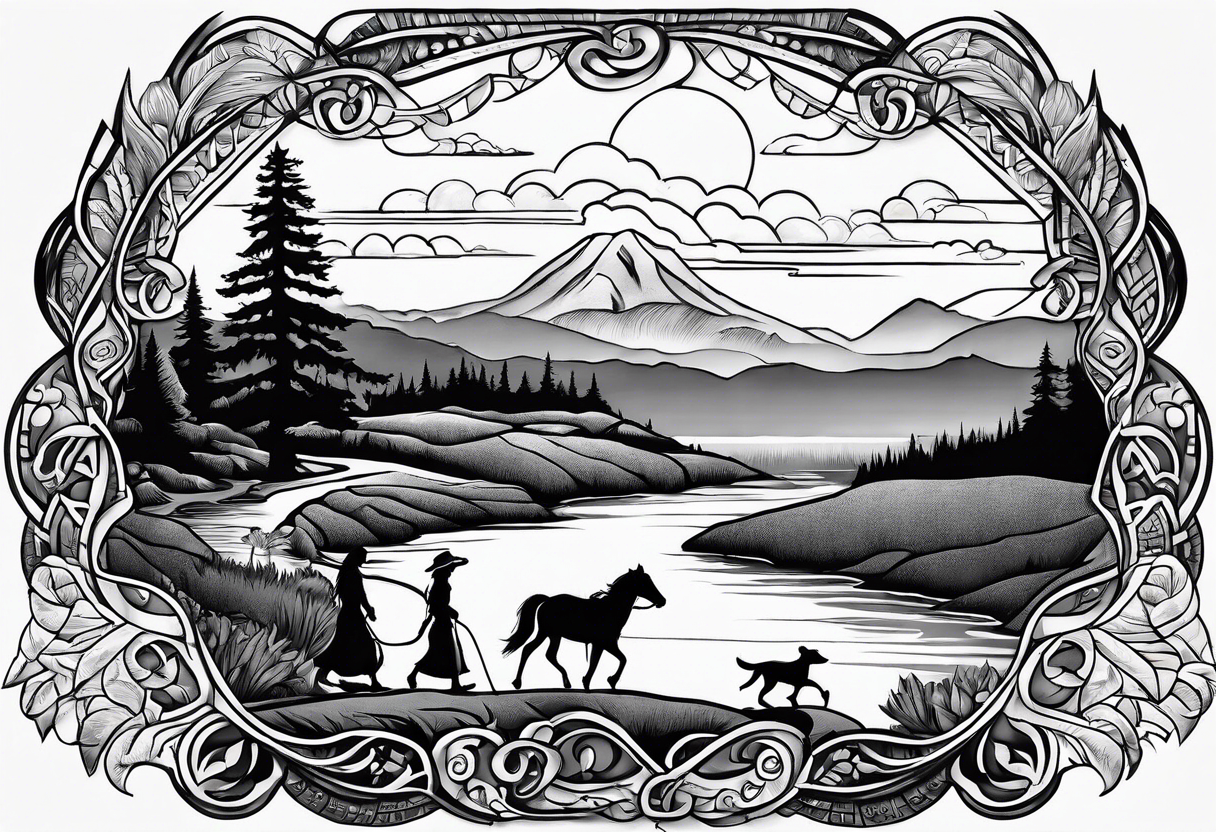 A shadow of a family of four walking through the Pacific northwest landscape. Faith centered and add Mexican culture .  Shoulder Tattoo tattoo idea