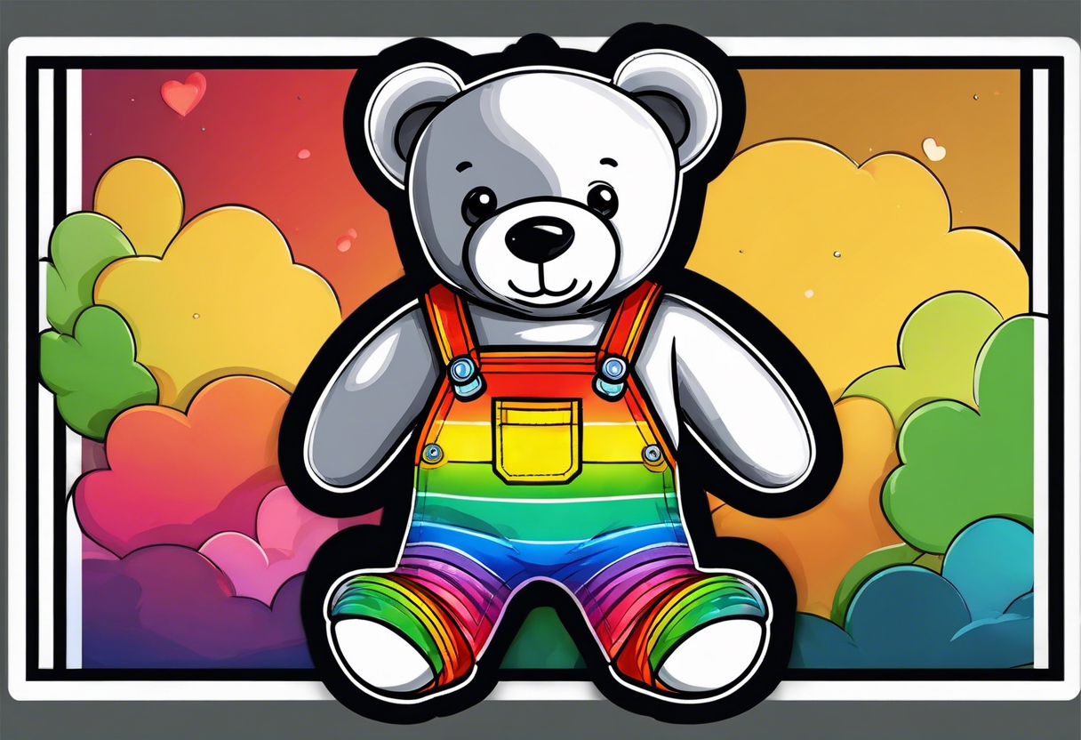 the back image of a grey teddy bear standing in rainbow overalls, white tank top, striped boots and holding his left arm up to hold a hand tattoo idea