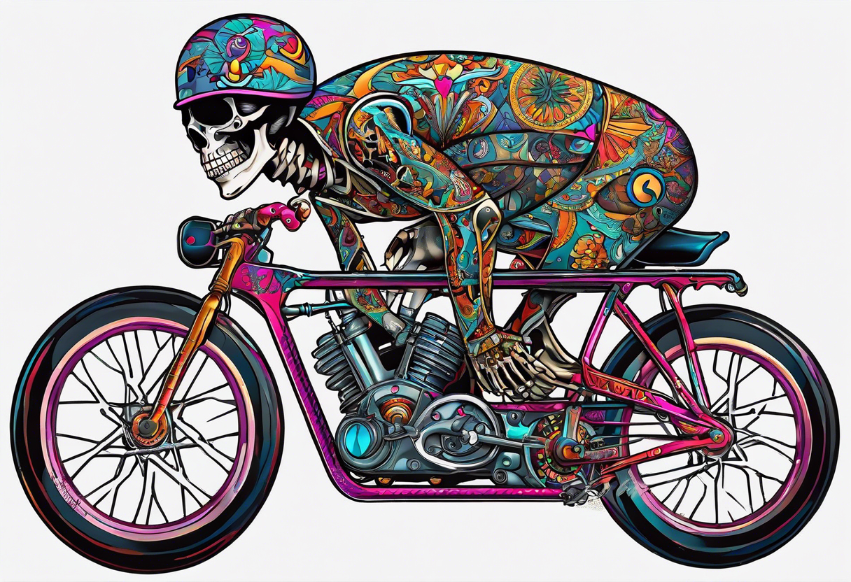 Skeleton rides a 21 speed racing bicycle with drop nars. The skeleton wears a 1980s style kit. There is no background image tattoo idea