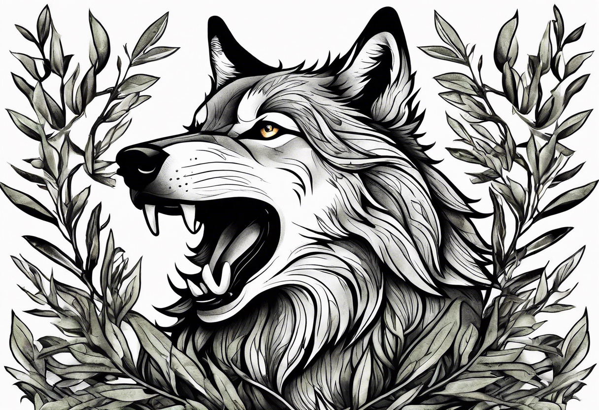 realistic howling wolf drawn with olive tree branches and leaves tattoo idea