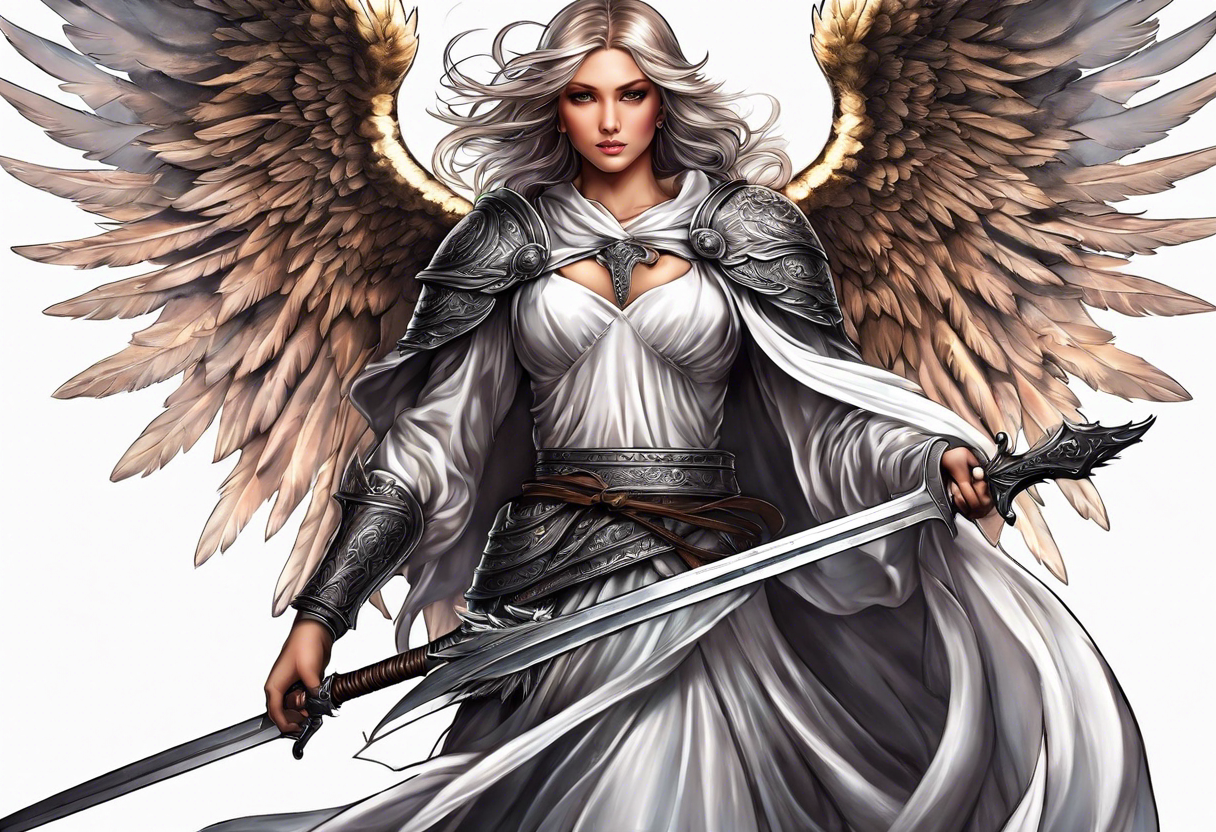 Angel with sword drawn tattoo idea