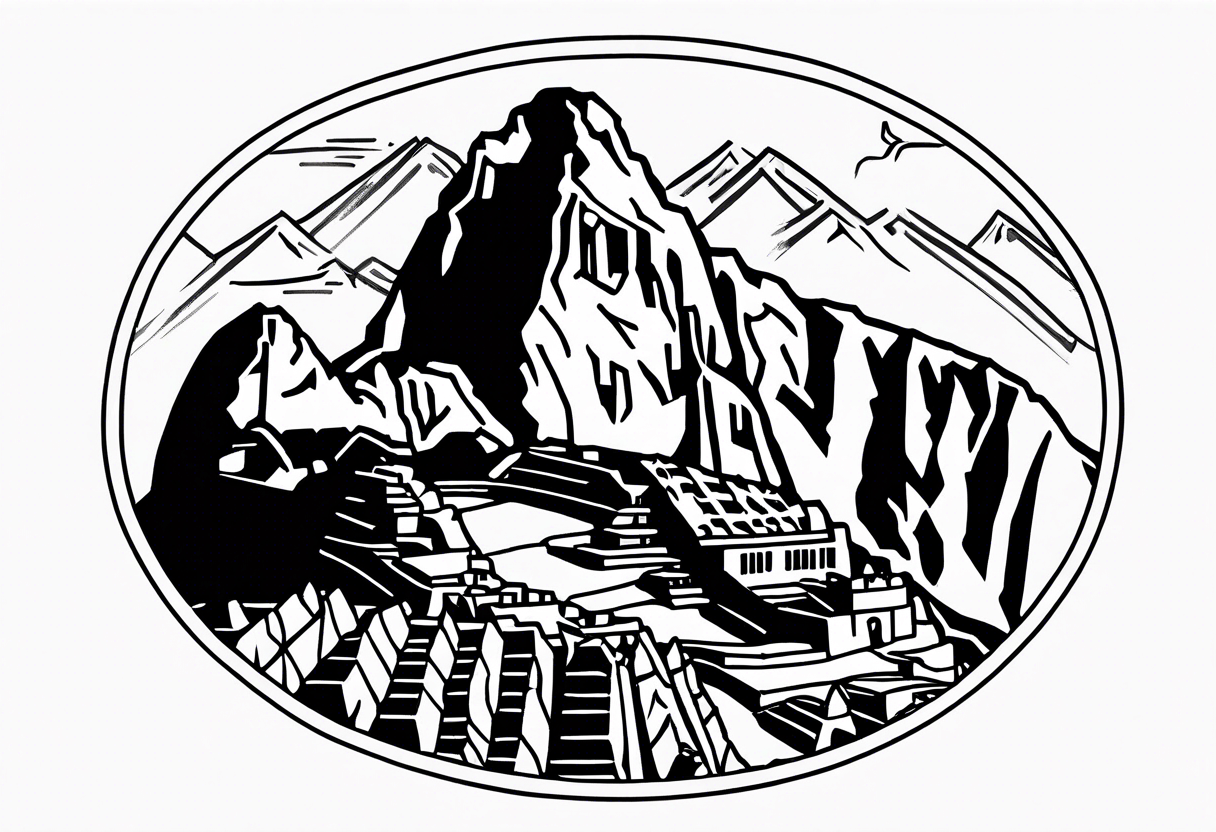 Machu picchu, llama and mountains. Simple tattoo sketch without small details tattoo idea