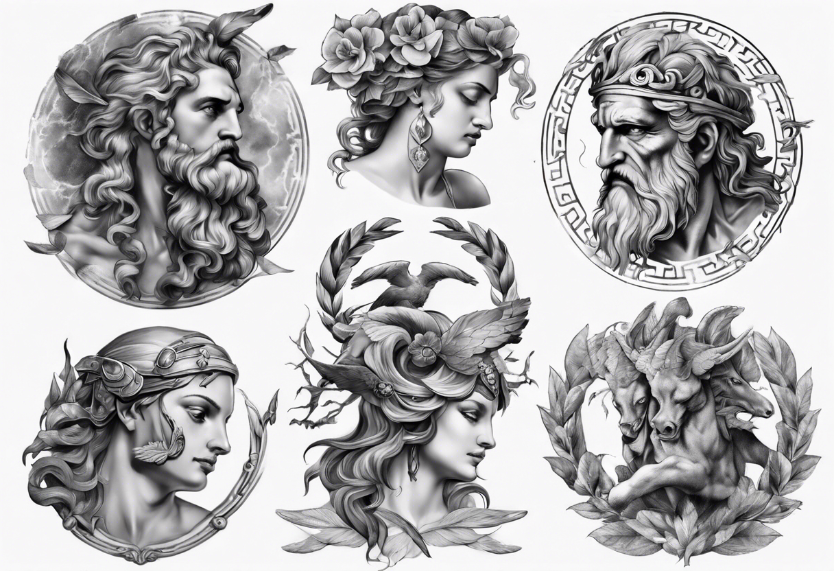 Ancient Greek gods of the sea fighting with surfer and trident tattoo idea  | TattoosAI