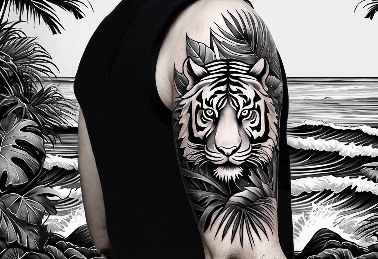 Full arm tattoo sleeve design. Smaller abstract tiger coming down front of  shoulder, monstera foliage on forearm, beach landscape on bicep tattoo idea  | TattoosAI