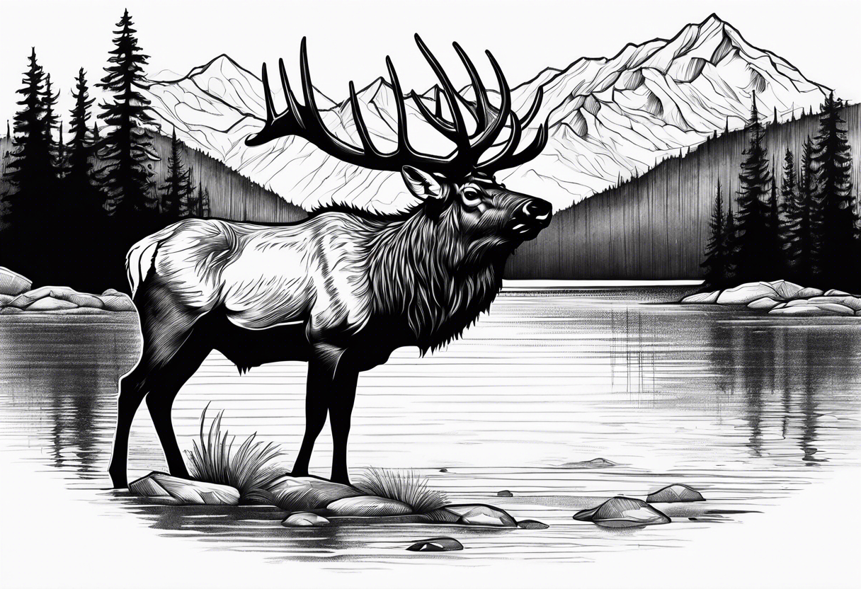 elk with mountains and lake tattoo idea