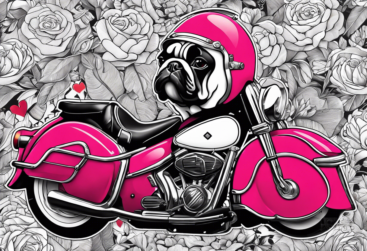 casque pompier, bouledogue français date et heure de naissance, rose, moto,  sur le bras complet tattoo idea