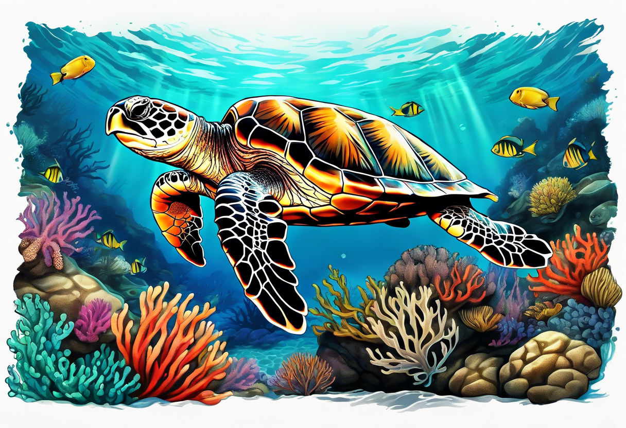 large sea turtle with the back right fin in lower left corner surrounded by coral and kelp tattoo idea