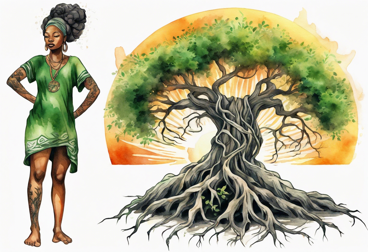 a tree trunk with roots that is a black woman from the waist up, feet made of tree roots, wearing a green tunic, arms stretched upwards towards the blazing sun tattoo idea