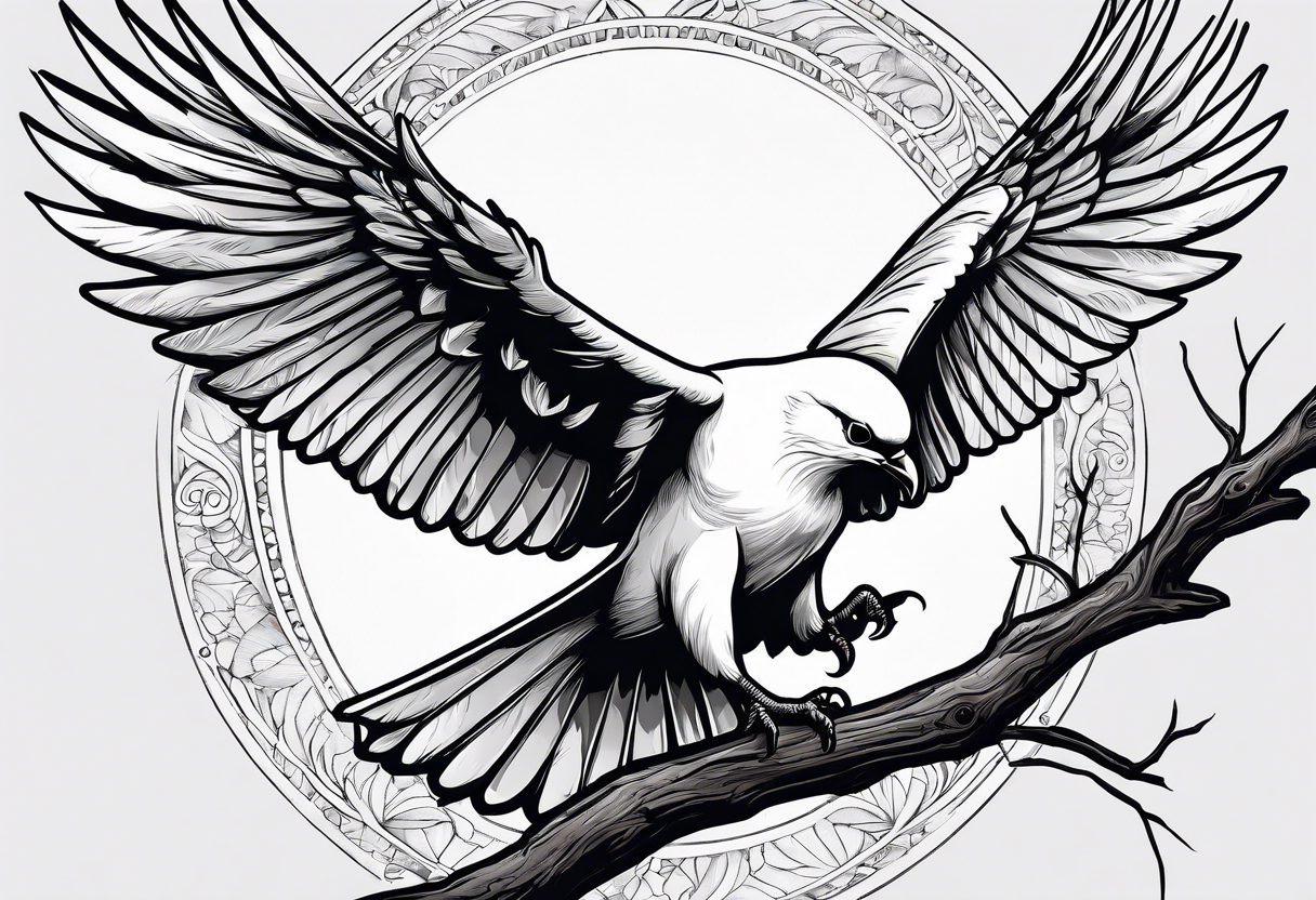 White Dove sitting on a tree branch with an eagle soaring overhead tattoo idea