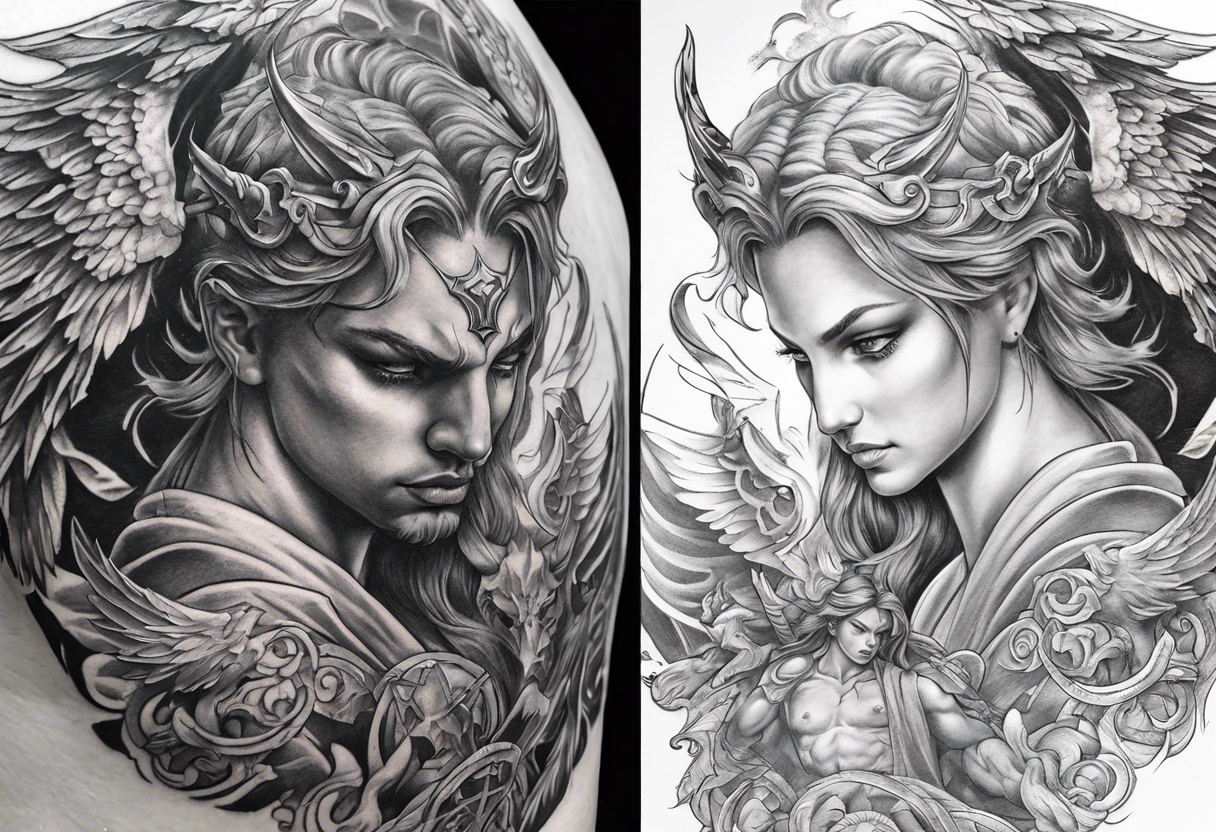 Angel vs demon battle scene half sleeve tattoo idea