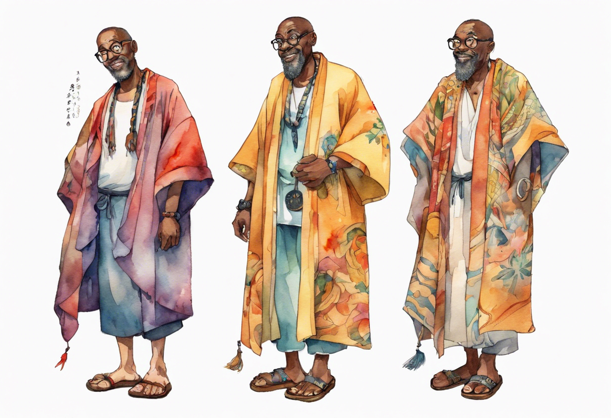 a middle-aged medieval black man wearing round glasses, wearing colorful robe, wearing sandals tattoo idea