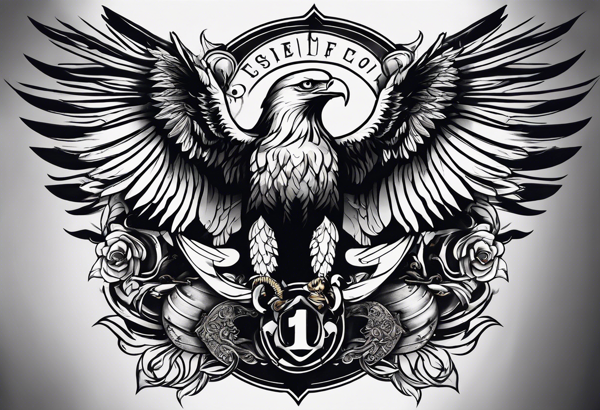 idea of pain for glory in life, discipline and catholic religion. Tattoo on the back with an eagle , 2 doves and fish tattoo idea