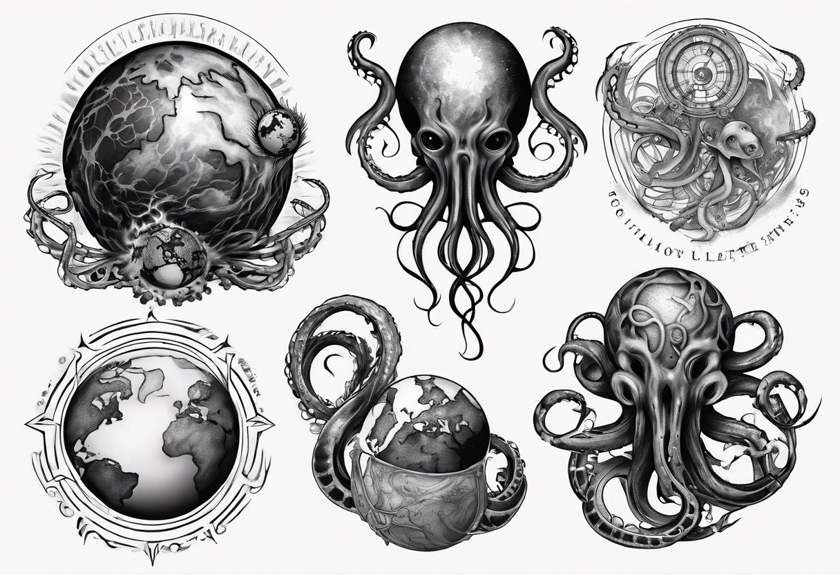 lovecraft myth tattoo for forearm tentacle +++ and little earth globe tattoo idea