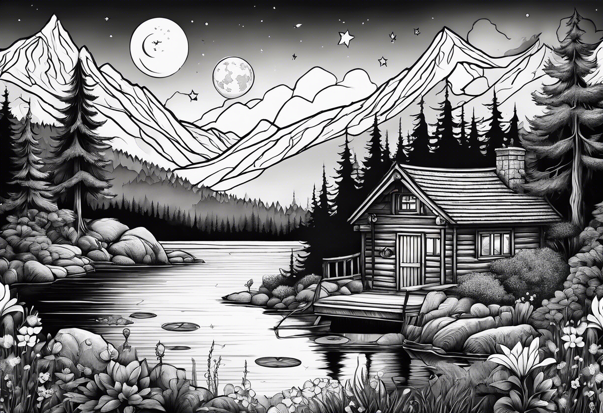 Hidden garden with lake and small cabin in woods with moon and mountains tattoo idea