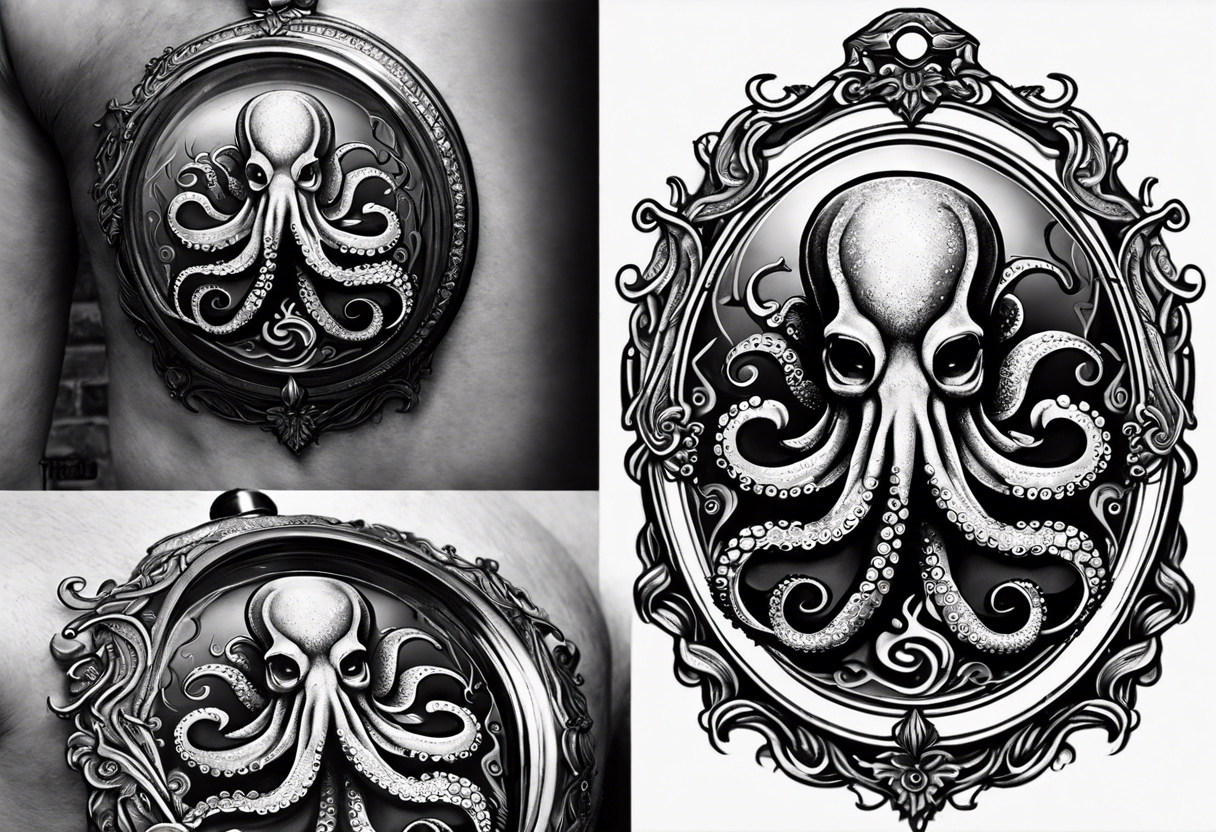 Octopus over an old pocket watch with his tentacles, in a natural pose tattoo idea