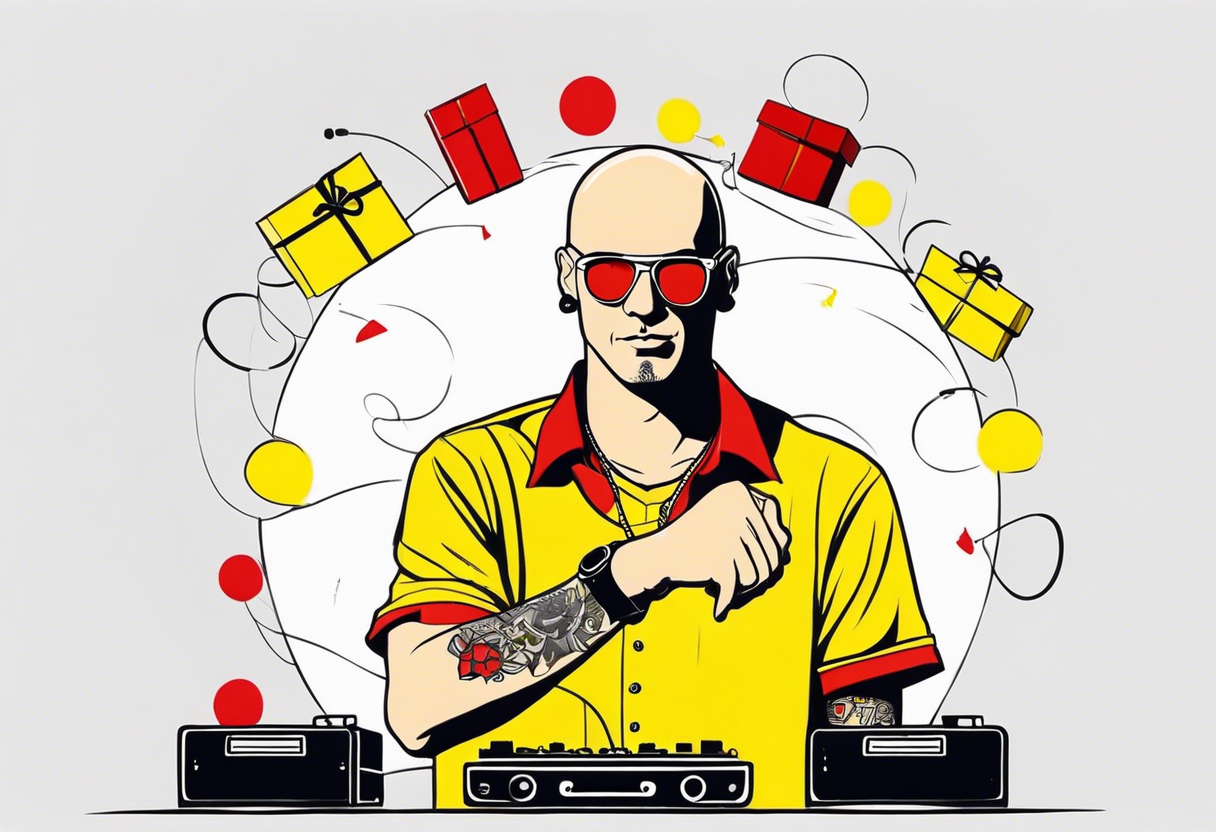 a bald german dj with handcuffs on in a bright yellow shirt with red shoe boxes around him tattoo idea