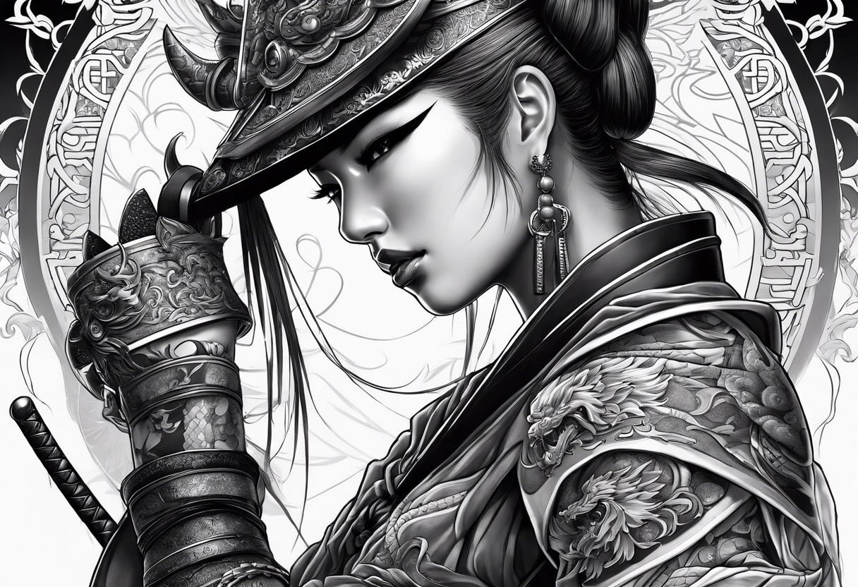 full body female warrior in samurai clothing half covering her face with a mask and twin dragons tattoo idea