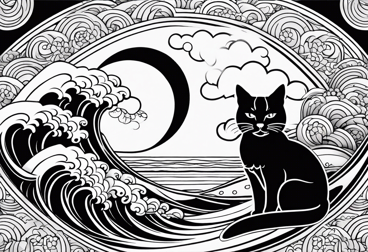 hello! can you generate me a tattoo sleeve in japanese drawing style by using these elements: waves, a cat, the sun, clouds and japanese lotus tattoo idea