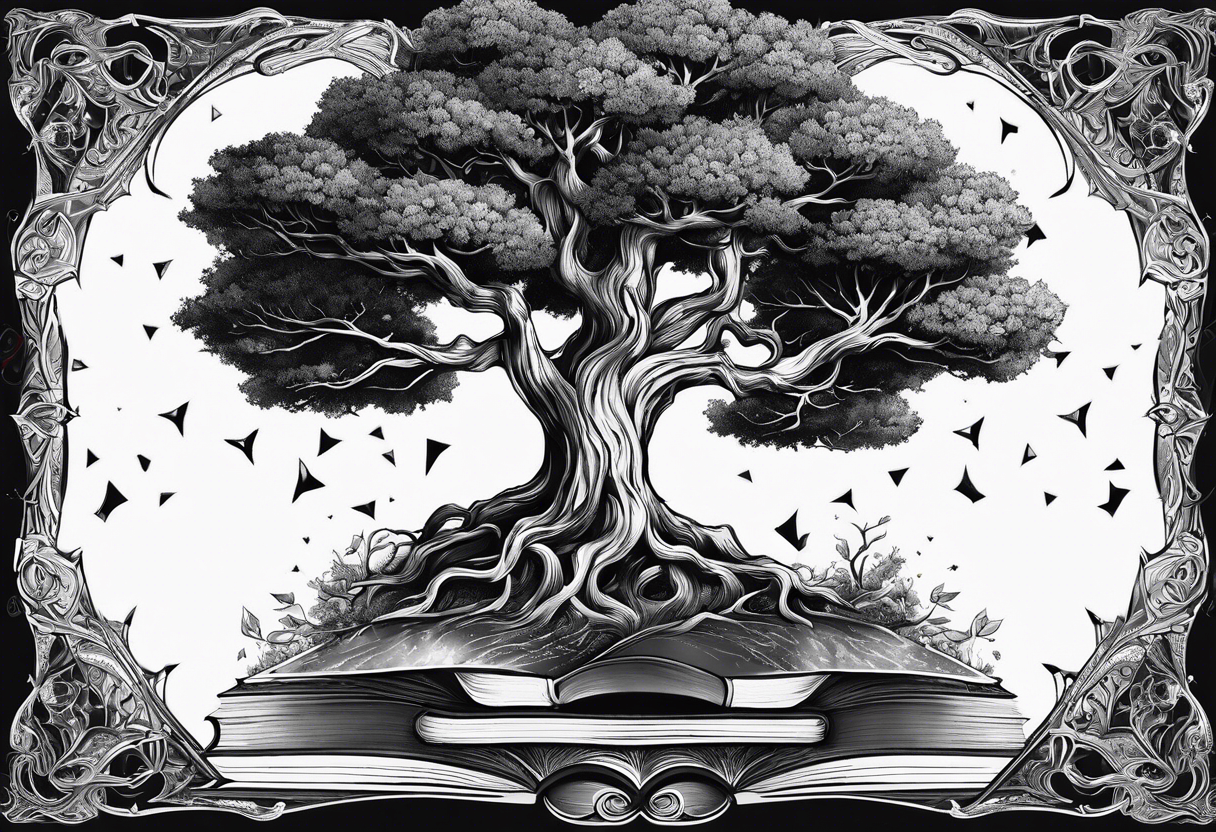 tree growing from book with branches containing triangle portals to other worlds tattoo idea