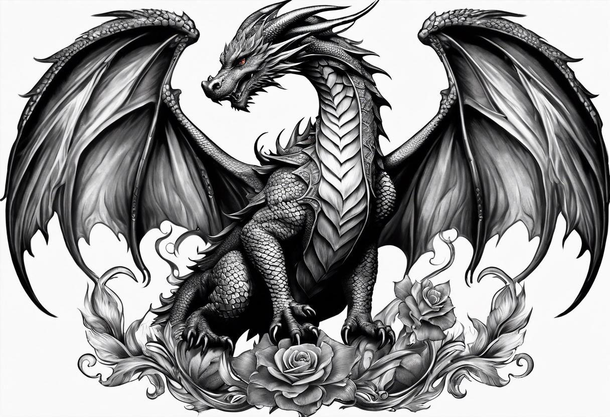 Mother dragon wings spread standing over her three young dragon babies tattoo idea