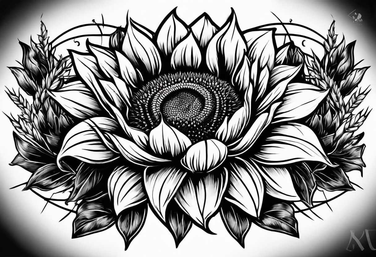 Sunflower, wheat, and barbed wire half sleeve tattoo idea