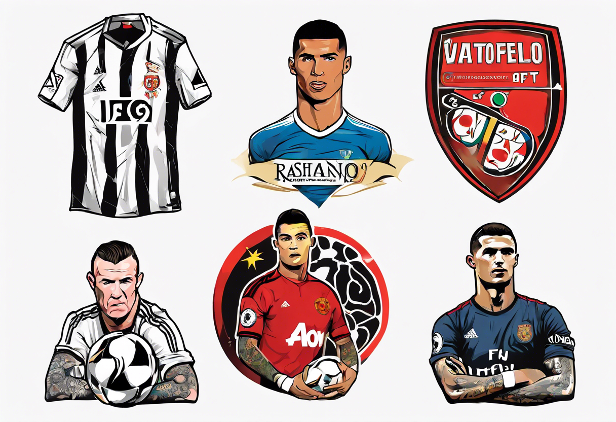 Rooney, Ronaldo, Best, Charlton, Cantona and Rashford at a table tattoo idea