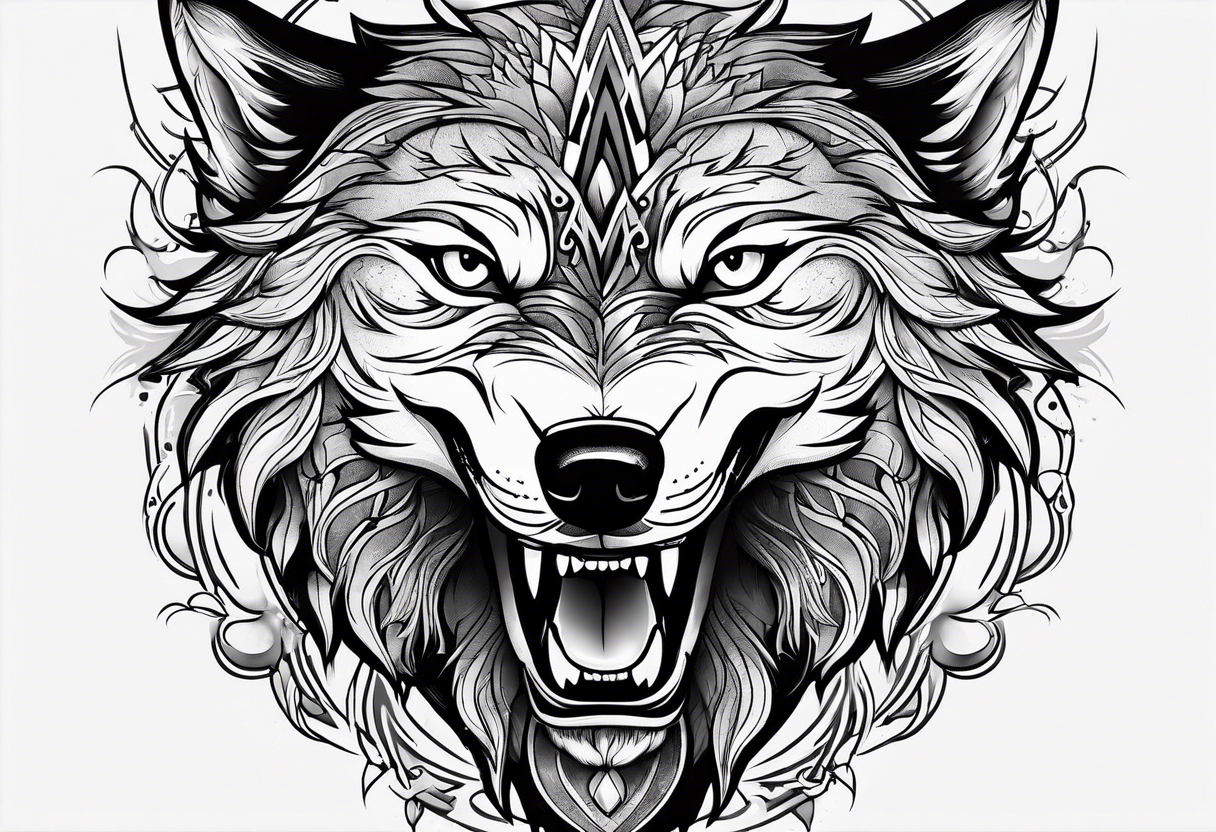 wolf face

fangs 

black and white tattoo idea