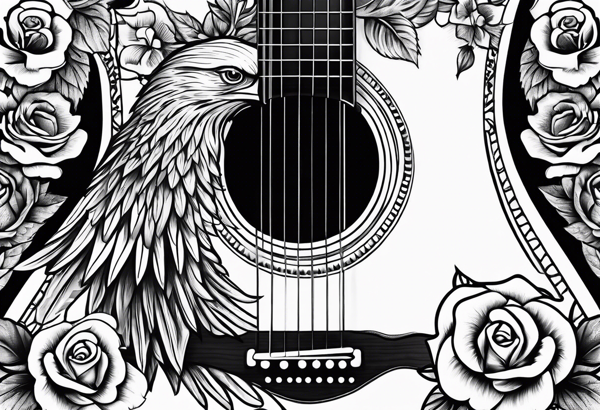 acoustic guitar with roses and eagles tattoo idea